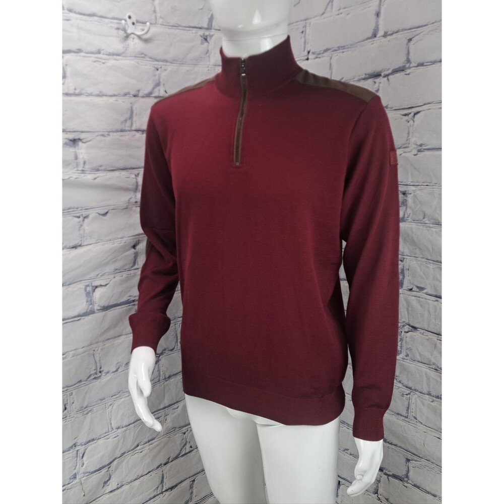 Paul & Shark Yachting Half Zip Sweater Merino Wool Suede Leather Italy Large